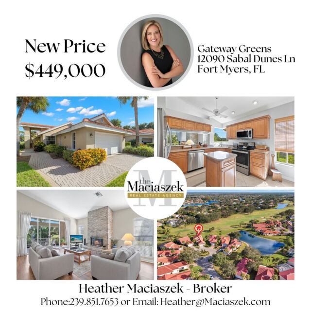#NewPrice! 12090 Sabal Dunes Lane a Gorgeous Move-In Ready Home nestled on the 1st Fairway of The Club at Gateway Golf Course. is now $449,000

This updated 3 Bedroom, 2 Bathroom, 1,930SF home with a 2-car garage is nestled at the end of a peaceful cul-de-sac. Loaded with upgrades, including New Tile Roof (2021), Fireplace, Vaulted Ceilings, Wood Laminate Flooring, and a Guest Bedroom with an En-Suite Bathroom, this house boasts a Beautiful Kitchen with Quartz countertops, Wood Cabinets, an Additional Wood Cabinet Pantry, Eat-in area, and Breakfast Bar. Fully Pocketing Sliding Glass Doors lead to a Screened Lanai and additional Brick Paver Patio, offering Picturesque views of the 1st Fairway
View Property - https://bit.ly/40zuP2E 

Call The Maciaszek Real Estate Agency at 239-851-7653 for more details. 
#PriceUpdate #FortMyersRealtor #SWFLRealtor #Gateway #FortMyersRealEstate #SWFLRealEstate