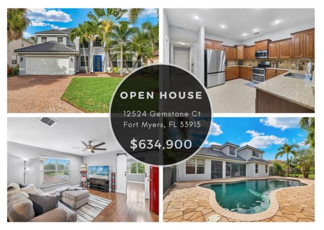 #OpenHouse Saturday (03/02), 12PM-3PM at 12524 Gemstone Court. Gorgeous Pool home with 5 Bedrooms, Den, Loft, 2.5 Baths, and a 2-Car Garage in Stoneybrook At Gateway.
This stunning property features over $100k in recent upgrades, including New Tile Roof (2023), 2 New AC Units (2021), New Tankless Instant Hot Water Heater (2023), New Samsung Refrigerator (2022), New Range with Double Oven and New Electrical Panel. Plus an Office/6th Bedroom w/French doors & Bay windows, Wood & Wrought Iron Railings, Tray Ceilings, and Nook area with Seamless Bay window overlooking the Pool. The 1st Floor Master Suite boasts a large Walk-In Closet, Sitting Area, 3-Person Infrared Sauna, Dual Sinks, Garden Tub and Walk-In Shower. The Ultimate Outdoor Living Space, complete with an Open-Air, Fenced Saltwater Pool (1 of only 3 in the neighborhood), built-in Lounging Platform, New Pool Pump (2023), Updated Paver Pool Deck, and Covered Lanai w/Blackstone Griddle & Pit Boss Smoker! 
View Property - https://bit.ly/3R4GRO7

Call The Maciaszek Real Estate Agency at 239-851-7653 for more details.
#OpenHouse #FortMyersRealtor #SWFLRealtor #Gateway #FortMyersRealEstate #SWFLRealEstate