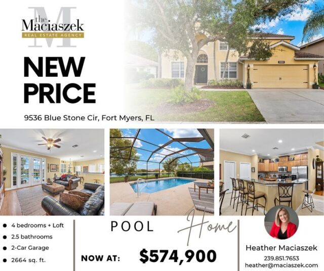 #NewPrice 🏡 🏃  Beautiful Chelsea Model Lakefront Pool Home in Stoneybrook at Gateway is now $574,900!
The home has over 2,600 square feet of living space, boasting 3 Full Bedrooms, a private First-Floor Den with closet/4th Bedroom, 2.5 Bathrooms and a Loft/Bonus Room. This home features Genuine Hardwood Floors, New AC (2023) w/10-Year Warranty, New Pool Pump/Filter (2021), Added Pool Heater (2017), 18-inch Diagonal Tile Flooring, Plantation Shutters, Two-story Volume ceilings in the Formal Dining room, and a Large Loft that opens to the First Floor. The Gorgeous Kitchen looks out over the Pool & Lake and includes Granite Counters, Upgraded Wood Cabinets, Stainless Steel Appliances, Pantry, Breakfast Bar and Nook! A Tranquil outdoor area lets you relax in the Heated Pool or on the Lanai while overlooking one of the Best Lake views in the community. 

9536 Blue Stone Cir, Fort Myers, FL 33913
View Property Tour - https://bit.ly/3GALM3a 

Call The Maciaszek Real Estate Agency at 239-851-7653 to view the home or for more info.
#SWFLRealEstate #PriceAdjustment #FortMyers #Realtor #FortMyersRealEstate #FortMyersRealtor #SWFLRealtor #Gateway