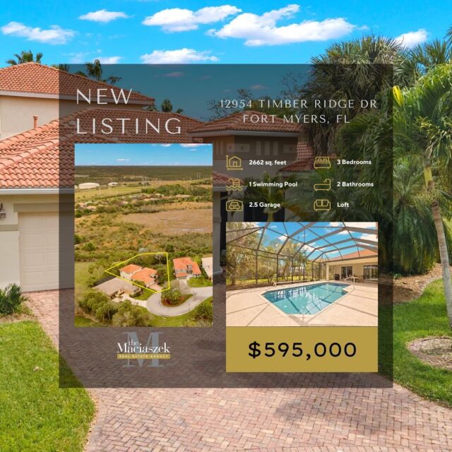 #NewListing 🏡 🏃  Gorgeous Pool home nestled on an expansive cul-de-sac lot with tranquil preserve views in Timber Ridge 

This property is a bird watcher’s paradise. The layout incorporates a full Living, Dining & Family room, Master bedroom, and 2 Guest bedrooms downstairs with a roomy loft/bonus room upstairs. The Gourmet Kitchen features a Gas Range, Wood Cabinets, Large Walk-In Pantry, New Dishwasher (2023), Updated Refrigerator, an Eat-in Area and a separate Butler’s Pantry. Additional upgrades include a Whole House Generator, updated AC system (2019), Accordion Storm Shutters, Crown Molding and Plantation Shutters. Outside, enjoy a heated pool, covered lanai, screened front entryway, 2½ Car Tandem Garage, a spacious yard with lovely landscaping and preserve views set at the end of a quiet cul-de-sac with only three houses. 

12954 Timber Ridge Dr, Fort Myers, FL 33913
Offered at $595,000
View Property Tour - https://bit.ly/3wX5UuO
Call The Maciaszek Real Estate Agency at 239-851-7653 to view the home or for more details.
#SWFLRealEstate #JustListed #FortMyers #Realtor #FortMyersRealEstate #FortMyersRealtor #SWFLRealtor #Gateway