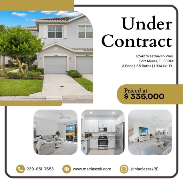 #UnderContract This Stunning Townhome Built in 2020 has 3 Bedrooms, 2.5 Bathrooms, 1,934 sq. ft. of living area and 1-Car Garage is now pending under contract. Congratulations to our seller, looking forward to working together to close this sale out. 
12543 Westhaven Way, Fort Myers, FL 33913
View Property Tour - https://bit.ly/41T9QZb
Need help selling your home, call The Maciaszek Real Estate Agency at 239-851-7653
#SWFLRealEstate #FortMyers #Realtor #FortMyersRealEstate #FortMyersRealtor #SWFLRealtor #Pending #Gateway