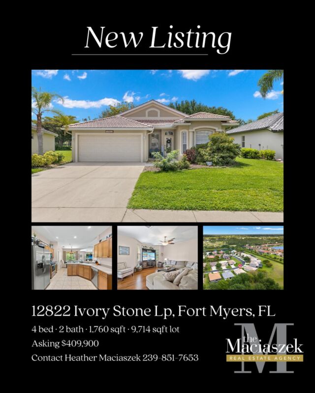 #NewListing 🏡 👀  Beautiful one-story home in Stoneybrook at Gateway, situated on a spacious lot bordered by a greenway, offering an expansive outdoor living space.

Featuring a kitchen with wood cabinets, updated stainless steel appliances, updated recessed lighting, eat-in area, breakfast bar, and formal dining room. Additional upgrades include new vinyl plank flooring in the master, hardwood flooring in the living room & bedroom, new fans & fixtures, and updated water heater. The exterior of the home was recently painted, there is a covered front porch with sitting area, screened lanai, and an additional exterior paver patio. 

12822 Ivory Stone Lp, Fort Myers, FL 33913
Offered at $409,900
View Property Tour - https://bit.ly/4aLVuwZ 

Call The Maciaszek Real Estate Agency at 239-851-7653 to view the home and for more info.
#SWFLRealEstate #JustListed #FortMyers #Realtor #FortMyersRealEstate #FortMyersRealtor #SWFLRealtor #FloridaLiving #Gateway