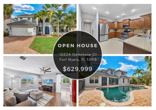 #OpenHouse Sunday (04/21), 12PM-3PM at 12524 Gemstone Court in Stoneybrook At Gateway. 
Stunning Pool home with 5 Bedrooms, Den, Loft, 2.5 Baths, 3,724 sq. ft. of living area, a 2-Car Garage and over 6,000 sq. ft. of total area in this expansive estate. Lowest priced per square foot pool home in Fort Myers. This property features over $100k in recent upgrades; including New Tile Roof (2023) w/transferable warranty, 2 New AC Units (2021), New Tankless Instant Hot Water Heater (2023), New Exterior Paint, New Samsung Refrigerator (2022), New Double Oven Range and New Electrical Panel. Plus an Office or 6th Bedroom w/French Doors and Nook area with Seamless Bay window overlooking the Pool. The 1st Floor Master boasts a huge Walk-In Closet, Sitting Area, 3-Person Infrared Sauna, Dual Sinks, Tub & Walk-In Shower. Enjoy the Ultimate Outdoor Florida Living Space complete with an Open-Air, Fenced Saltwater Pool, built-in Lounging Platform, New Pool Pump (2023), Updated Paver Deck, and Covered Lanai w/Blackstone Griddle & Pit Boss Smoker!

View Property - https://bit.ly/3R4GRO7

Call The Maciaszek Real Estate Agency at 239-851-7653 for more details.
#OpenHouse #FortMyersRealtor #SWFLRealtor #Gateway #FortMyersRealEstate #SWFLRealEstate