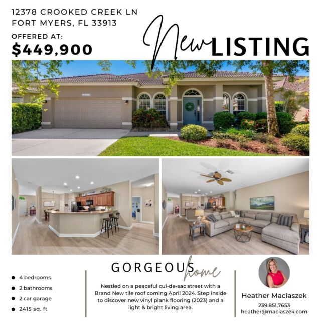 #NewListing 🏡 🏃 Gorgeous Home with 4 bedroom, 2 bathroom, and a 2-car garage nestled on a peaceful cul-de-sac street with a Brand New tile roof coming April 2024 in Stoneybrook at Gateway.
Step inside to discover new vinyl plank flooring (2023) and a light & bright living and dining area. The kitchen boasts beautiful wood cabinets, new refrigerator (2023), pantry, eat-in area, and breakfast bar that flows into the family room with multiple glass sliders leading to the lanai. The generous master suite features bay windows, a walk-in closet, dual sink, a garden tub and a walk-in shower. Three additional guest bedrooms, full guest bathroom, and a laundry room with a utility sink, closet, and new washer & dryer (2022) complete the interior. 
12378 Crooked Creek Ln, Fort Myers, FL 33913
Offered at $449,900
View Property Tour - https://bit.ly/49ACMHv 
Call The Maciaszek Real Estate Agency at 239-851-7653 to view the home and for more info.
#SWFLRealEstate #JustListed #FortMyers #Realtor #FortMyersRealEstate #FortMyersRealtor #SWFLRealtor #FloridaLiving #Gateway