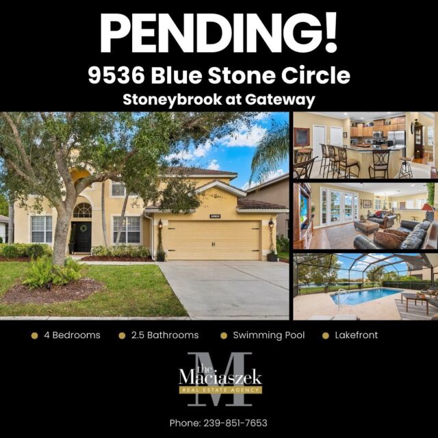 #UnderContract 🖊📑 Beautiful Chelsea Model Lakefront Pool Home in Stoneybrook at Gateway is pending!
Congrats to our seller on getting this home with over 2,600 square feet of living space, 3 Full Bedrooms, a private First-Floor Den with closet/4th Bedroom, 2.5 Bathrooms and a Loft/Bonus Room under contract. This home features Genuine Hardwood Floors, New AC (2023) w/10-Year Warranty, New Pool Pump/Filter (2021), Added Pool Heater (2017), 18-inch Diagonal Tile Flooring, Plantation Shutters, Two-story Volume ceilings in the Formal Dining room, and a Large Loft that opens to the First Floor. The Gorgeous Kitchen looks out over the Pool & Lake and includes Granite Counters, Upgraded Wood Cabinets, Stainless Steel Appliances, Pantry, Breakfast Bar and Nook! A Tranquil outdoor area lets you relax in the Heated Pool or on the Lanai while overlooking one of the Best Lake views in the community. 

9536 Blue Stone Cir, Fort Myers, FL 33913
View Property Tour - https://bit.ly/3GALM3a 

Need help selling your home call The Maciaszek Real Estate Agency at 239-851-7653.
#SWFLRealEstate #Pending #FortMyers #Realtor #FortMyersRealEstate #FortMyersRealtor #SWFLRealtor #Gateway
