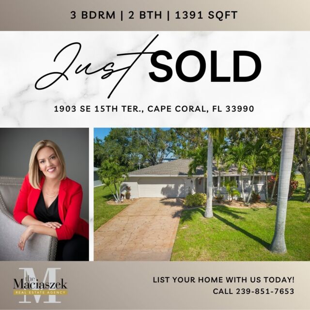 #JustSold 🏠👀 This Beautiful Cape Home is closed, congratulations to our seller!

Featuring 3 Bedrooms, 2 Baths, an Open and Bright Living Area, and a Spacious screened lanai that overlooks the fenced back yard with lush landscaping, raised bed garden w/pineapple plants and a 10’ x 8’ storage shed. Upgrades include New Roof (2022), New Exterior Paint (2023), New Fans & Light Fixtures, Tile Flooring throughout, and Glass Door Walk-In Showers in the Bathrooms. Centrally located close to popular shopping, dining and entertainment options. Minutes to the Boat Ramps, Marina, Picnic Areas and Boardwalk at Rosen Park. 

1903 SE 15th Terrace, Cape Coral, FL
Sold for $312,000
View Property Tour - https://bit.ly/3MumOpz

For help selling your home call The Maciaszek Real Estate Agency at 239-851-7653.
#SWFLRealEstate #SOLD #CapeCoral #Realtor #SWFLRealtor #FloridaLiving