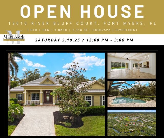 #OpenHouse 🏠👀 Open this Saturday, May 10th, from 12-3PM this grand estate home in amenity-filled Verandah community featuring updated finishes located on tranquil Orange River frontage is a must see!!
The home features high ceilings with beams in key areas, including the Family Room and Kitchen. The master suite boasts three custom closets, dual sinks, a large soaking tub, and a spacious walk-in shower. The kitchen is equipped with modern appliances, including a built-in oven, a gas range, and a pantry with custom racks. Two guest bedrooms have en suite bathrooms and walk-in closets. Additional features include a speaker system, multiple sliding glass doors, and a paver lanai with a pool, spa, gas fireplace, and built-in TV nook, all overlooking a preserve by the Orange River.

The Verandah community features two 18-hole golf courses, tennis, a fitness center, a community pool with lap lanes, pickleball, bocce ball, a dog park, bike and walking trails, and kayaking on the Orange River.

View Property - https://bit.ly/40IlRSm 

Contact The Maciaszek Real Estate Agency at 239-851-7653 for more info.
#SWFLRealtor #Realtor #FortMyersRealtor #FortMyersRealEstate