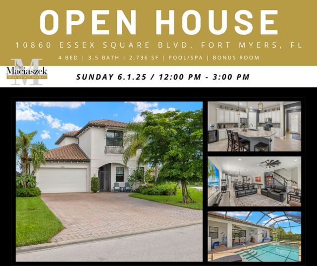 #OpenHouse Sunday (06/01), 12PM-3PM at this this stunning WCI Ibis Model home with heated saltwater pool & spa located on a spacious corner lot within the Hampton Park community of Gateway. 

The open floor plan boasts a fully loaded kitchen, with large island leading into a great room. The three spacious bedrooms, 3.5 bathrooms, an additional office/den and upstairs bonus room, blend sophistication with functionality. Featuring both first and second floor primary suites, you can choose which option best suits your lifestyle. The primary bedroom on the 1st floor offers two closets, dual sinks and huge walk-in shower. The upstairs primary includes an en suite bathroom with privacy for guests or family members. Enjoy the convenience of a central vacuum system and the peace of mind of impact-resistant doors and windows. Further upgrades include purified water throughout the house with a whole-house water filtration/reverse osmosis system; plus a new hot water heater that was installed in early 2024. The luxury continues outdoors when you step out to the paver lanai for a relaxing retreat, complete with a sparkling saltwater swimming pool and spa. The spacious under roof lanai is plumbed and ready for an outdoor kitchen. Experience tranquil water views from both the front and rear of the home. The 2-car garage is insulated and features an AC mini-split system for customized temperature control.

10860 Essex Square Blvd, Fort Myers, FL 33913
Offered at $714,999
View Property - https://buff.ly/3Xu6RG0 

Call The Maciaszek Real Estate Agency at 239-851-7653 for more info.
#SWFLRealEstate #FortMyers #Realtor #FortMyersRealEstate #FortMyersRealtor #SWFLRealtor #FloridaPoolHomes  #Gateway