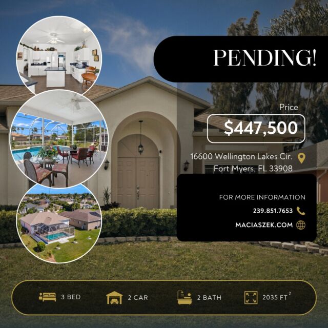 #Pending 📑🖋 This Gorgeous Pool Home in Wellington Lakes with 3 Bedrooms +Den/4th Bedroom, 2 Bathrooms, and 2,035 sq. ft. of living area is Under Contract!

Looking forward to helping our seller navigate towards a successful closing.

Need Help Selling your home call The Maciaszek Real Estate Agency at 239-851-7653 today!
#SWFLRealEstate #UnderContract #FortMyers #Realtor #FortMyersRealEstate #FortMyersRealtor #SWFLRealtor
