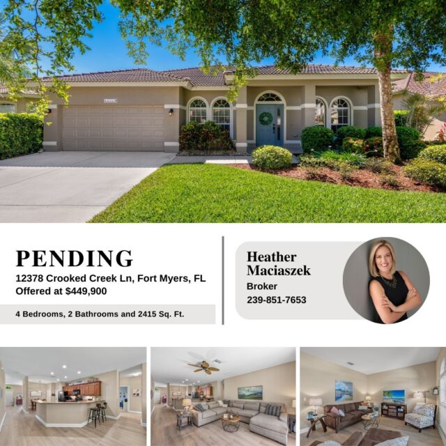 #Pending 📑🖊 Gorgeous Home with 4 bedroom, 2 bathroom, and a 2-car garage nestled on a peaceful cul-de-sac street is pending in Stoneybrook at Gateway. Congrats to our sellers and looking forward to helping complete the sale.

Step inside to discover new vinyl plank flooring (2023) and a light & bright living and dining area. The kitchen boasts beautiful wood cabinets, new refrigerator (2023), pantry, eat-in area, and breakfast bar that flows into the family room with multiple glass sliders leading to the lanai. The generous master suite features bay windows, a walk-in closet, dual sink, a garden tub and a walk-in shower. Three additional guest bedrooms, full guest bathroom, and a laundry room with a utility sink, closet, and new washer & dryer (2022) complete the interior. 

12378 Crooked Creek Ln, Fort Myers, FL 33913
Offered at $449,900
View Property - https://bit.ly/49ACMHv 
Call The Maciaszek Real Estate Agency at 239-851-7653 for help buying or selling your home.
#SWFLRealEstate #UnderContract #FortMyers #Realtor #FortMyersRealEstate #FortMyersRealtor #SWFLRealtor  #Gateway