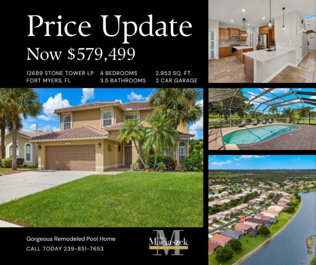 #NewPrice 🏡☀️🏊‍♂️ This 4 Bedroom, 3.5 Bathroom Home with 2,953 Square Feet of Living, Loft, Bonus Room, Electric Roll Down Shutters, and Pool on a lakefront lot is now just $579,499. 

The house features several recent upgrades, including a New Tile Roof (2021), renovated kitchen with new appliances (2023), new interior paint (2024), remodeled Master & Guest bathrooms, a new tankless hot water heater (2019), an updated AC system (2018) and remote-controlled electric roll-down hurricane shutters for peace of mind & protection. The house features a well-equipped kitchen with wood cabinets, under cabinet lighting, two pantries, pendant lighting, a large island, eat-in area and breakfast bar. Additionally, the first floor includes an open family room with glass sliders leading to the pool & lanai, a formal dining room, living room, laundry room, and a guest bedroom with a full bathroom. On the second floor there's an open loft area, large bonus room, two bedrooms with a Jack & Jill bathroom, and a spacious master bedroom with a Tray Ceiling, Walk-In Closet, Dual Sinks, Soaking Tub, & Walk-In Shower; plus a balcony that runs the entire length of the second floor providing a picturesque view of the pool and lake.

12689 Stone Tower Lp, Fort Myers, FL
View Property - https://buff.ly/3SyjDAl

Call The Maciaszek Real Estate Agency at 239-851-7653 for more info.
#SWFLRealEstate #PriceAdjustment #FortMyers #Realtor #FortMyersRealEstate #FortMyersRealtor #SWFLRealtor #FloridaPoolHome #Gateway