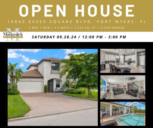 #OpenHouse Saturday (09/28), 12-3PM at this this stunning WCI Ibis Model home with heated saltwater pool & spa located on a spacious corner lot within the Hampton Park community of Gateway. 

The open floor plan boasts a fully loaded kitchen, with large island leading into a great room. The three spacious bedrooms, 3.5 bathrooms, an additional office/den and upstairs bonus room, blend sophistication with functionality. Featuring both first and second floor primary suites, you can choose which option best suits your lifestyle. The primary bedroom on the 1st floor offers two closets, dual sinks and huge walk-in shower. The upstairs primary includes an en suite bathroom with privacy for guests or family members. Enjoy the convenience of a central vacuum system and the peace of mind of impact-resistant doors and windows. Further upgrades include purified water throughout the house with a whole-house water filtration/reverse osmosis system; plus a new hot water heater that was installed in early 2024. The luxury continues outdoors when you step out to the paver lanai for a relaxing retreat, complete with a sparkling saltwater swimming pool and spa. The spacious under roof lanai is plumbed and ready for an outdoor kitchen. Experience tranquil water views from both the front and rear of the home. The 2-car garage is insulated and features an AC mini-split system for customized temperature control.

10860 Essex Square Blvd, Fort Myers, FL 33913
Offered at $774,999
View Property Tour - https://buff.ly/3Xu6RG0 

Call @MacThe Maciaszek Real Estate Agency at 239-851-7653 for more info.
#SWFLRealEstate #FortMyers #Realtor #FortMyersRealEstate #FortMyersRealtor #SWFLRealtor #FloridaPoolHomes  #Gateway