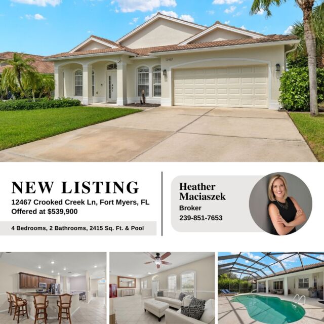 #NewListing 🏡 🔥 🔥  Beautiful, meticulously maintained single-story pool home with 4 Bedrooms, 2 Bathrooms, and over 2,400 sq. ft. of living area. Recent upgrades include new A/C air handler (2021), new A/C compressor (2023) with transferable Trane warranty, new interior & exterior paint, new water heater (2024), new dishwasher (2024), garage door opener (2024), custom wood plantation shutters, Ring doorbell & cameras, generator transfer switch, and whole-house surge protector. The master suite boasts a custom-designed extra-large walk-in shower with a built-in bench, a new vanity with granite countertops, dual rectangular sinks, an illuminated LED bathroom mirror, and a spacious walk-in closet with a built-in closet system. Additionally, there's a mini split A/C unit for enhanced comfort. The outdoor space showcases a large covered lanai, a sparkling private pool, decorative concrete garden edging, lush landscaping and fruit trees. 

12467 Crooked Creek Ln, Fort Myers, FL 33913
Offered at $539,900
View Property Tour - https://bit.ly/47N8rX2 

Call The Maciaszek Real Estate Agency at 239-851-7653 to view the home and for more info.
#SWFLRealEstate #JustListed #FortMyers #Realtor #FortMyersRealEstate #FortMyersRealtor #SWFLRealtor #FloridaLiving #Gateway