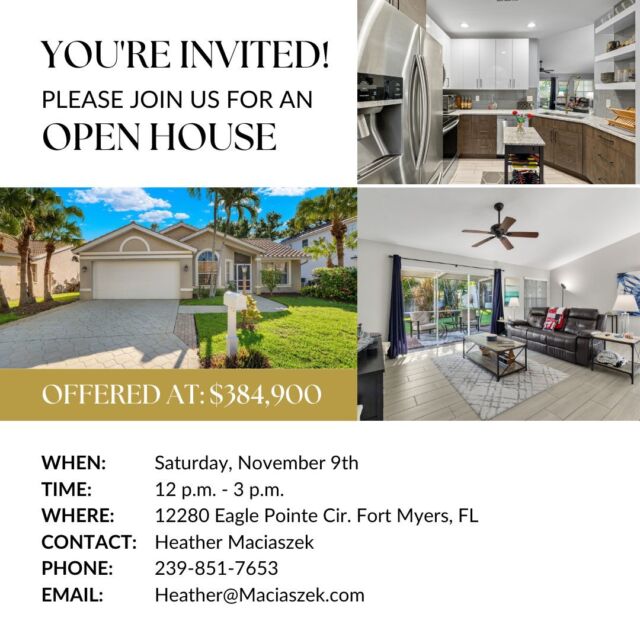 #OpenHouse Saturday (11/09), 12-3PM at this Stunning Move-In Ready Home complete with the latest updates just listed in the Eagle Pointe community of Gateway.
The Kitchen features Samsung Stainless Steel appliances, two-tone kitchen cabinetry, Cambria Quartz counters, glass tile backsplash, spring-spout kitchen faucet, floating shelves and added cabinetry in the eat-in area. Additional highlights of the home include: New AC (2019), New Hot Water Heater (2019), New plank tile flooring in the bedrooms, New master bathroom vanity, Updated plank tile flooring throughout the living area, Culligan Water Softener system, Remodeled guest bath (2017), and updated tile roof. Eagle Pointe is a wonderful gated subdivision with a large community pool, LOW HOAs and nearby neighborhood fun park.

Offered at $384,900
View Property Tour - https://buff.ly/4ewHslC

Call The Maciaszek Real Estate Agency at 239-851-7653 for more info.
#SWFLRealEstate #FortMyers #Realtor #FortMyersRealEstate #FortMyersRealtor #SWFLRealtor #FloridaLiving #Gateway