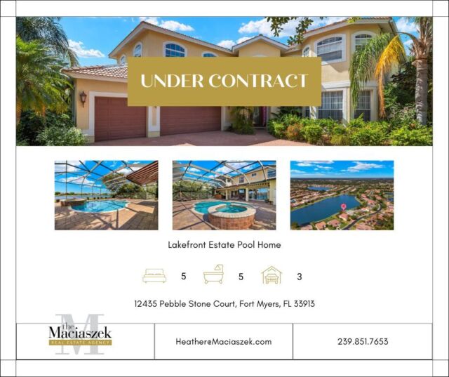 #UnderContract This 4,057 square foot Lakefront Pool & Spa Home nestled on a sought-after cul-de-sac street in the estate homes section and featuring 5 full bedrooms & 5 full bathrooms is officially under contract.

After a lot of hard work and "stick-to-it-ness", we found the right buyer and were able to get this home under contract for our sellers. 

12435 Pebble Stone Ct, Fort Myers, FL 33913
View Property Tour - https://buff.ly/3IYIS9C

Call The Maciaszek Real Estate Agency at 239-851-7653 for more info.
#SWFLRealEstate #FortMyers #Realtor #FortMyersRealEstate #FortMyersRealtor #SWFLRealtor #Pending #Gateway