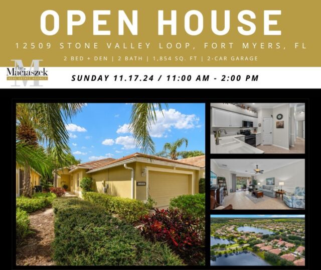 #OpenHouse Sunday (11/17), 11AM-2PM in Stoneybrook at Gateway. 

This lovely home has 2 Bedrooms +Den, 2 Full Bathrooms, 1,854 sq.ft of living space and a full sized 2-Car Garage. Featuring Updated AC (2019), Updated Hot Water Heater, and Black Stainless-Steel Appliances. Layout includes Open Kitchen w/Breakfast Bar & 2 Pantries, Formal Dining Room, Spacious Great Room, open Den, and a large Laundry Room with utility sink. Master Suite features His & Hers Walk-In Closets, Dual Sinks, Bay Windows, Walk-In Shower and Garden Tub. Exterior Includes 2 Car Garage, Lush Landscaping, Front Porch and Screened Lanai. Located within Stoneybrook at Gateway, which is an outstanding gated community with a manned security gate, pool, spa, clubhouse, fitness center, tennis courts, pickleball, basketball, volleyball, shaded park, baseball field & more! Low HOAs include all the amenities, community events, security, Xfinity Digital Cable for 5 TVs, Fiber Optic Internet, Lawn & Lawn Landscaping, some Exterior Maintenance, and more! 

12509 Stone Valley Lp, Fort Myers, FL 33913
Offered at $324,900
View Property Tour - https://bit.ly/3SYXHP8

Call The Maciaszek Real Estate Agency  at 239-851-7653 for more info.
#SWFLRealEstate #FortMyers #Realtor #FortMyersRealEstate #FortMyersRealtor #SWFLRealtor #FloridaLiving #Gateway