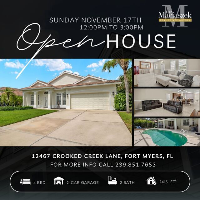 #OpenHouse Sunday (11/17), 12PM-3PM in Stoneybrook at Gateway.

Beautiful, meticulously maintained single-story pool home with 4 Bedrooms, 2 Bathrooms, and over 2,400 sq. ft. of living area. Recent upgrades include new A/C air handler (2021), new A/C compressor (2023) with transferable Trane warranty, new interior & exterior paint, new water heater (2024), new dishwasher (2024), garage door opener (2024), custom wood plantation shutters, Ring doorbell & cameras, generator transfer switch, and whole-house surge protector. The master suite boasts a custom-designed extra-large walk-in shower with a built-in bench, a new vanity with granite countertops, dual rectangular sinks, an illuminated LED bathroom mirror, and a spacious walk-in closet with a built-in closet system. Additionally, there’s a mini split A/C unit for enhanced comfort. The outdoor space showcases a large covered lanai, a sparkling private pool, decorative concrete garden edging, lush landscaping and fruit trees.

12467 Crooked Creek Ln, Fort Myers, FL 33913
Offered at $534,900
View Property Tour - https://bit.ly/47N8rX2

Call The Maciaszek Real Estate Agency at 239-851-7653 for more info.
#SWFLRealEstate #FortMyers #Realtor #FortMyersRealEstate #FortMyersRealtor #SWFLRealtor #FloridaLiving #Gateway