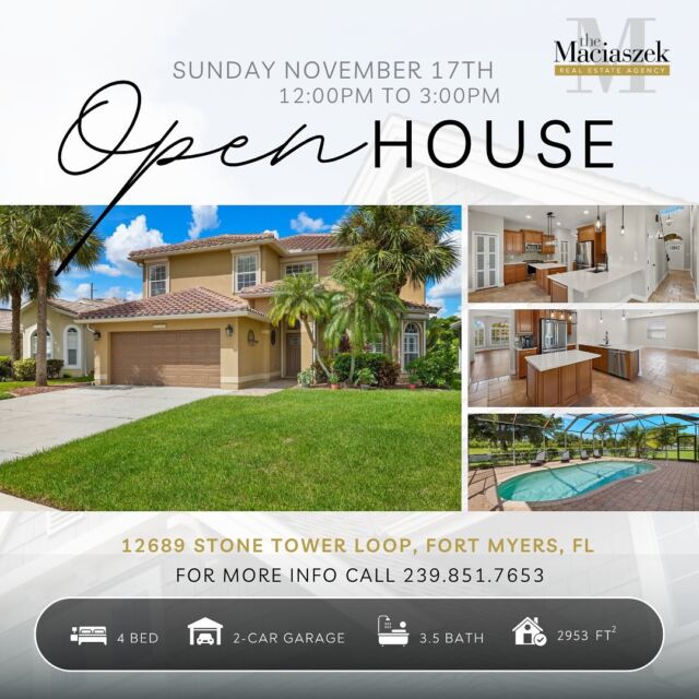 #OpenHouse Sunday (11/17) 12PM-3PM in Stoneybrook at Gateway.

A 4 Bedroom, 3.5 Bathroom Home with 2,953 Square Feet of Living, Loft, Bonus Room, Electric Roll Down Shutters, and Pool on a lakefront lot. It boasts several recent upgrades, including a New Tile Roof (2021), renovated kitchen with new appliances (2023), new interior paint (2024), remodeled Master & Guest bathrooms, a new tankless hot water heater (2019), an updated AC system (2018) and remote-controlled electric roll-down hurricane shutters for peace of mind & protection. The house features a well-equipped kitchen with wood cabinets, under cabinet lighting, two pantries, pendant lighting, a large island, eat-in area and breakfast bar. Additionally, the first floor includes an open family room with glass sliders leading to the pool & lanai, a formal dining room, living room, laundry room, and a guest bedroom with a full bathroom. On the second floor there’s an open loft area, large bonus room, two bedrooms with a Jack & Jill bathroom, and a spacious master bedroom with a Tray Ceiling, Walk-In Closet, Dual Sinks, Soaking Tub, & Walk-In Shower; plus a balcony that runs the entire length of the second floor providing a picturesque view of the pool and lake.

12689 Stone Tower Lp, Fort Myers, FL
Offered at $559,999
View Property Tour - https://bit.ly/3AeYSDm

Call The Maciaszek Real Estate Agency at 239-851-7653 for more info.
#SWFLRealEstate #FortMyers #Realtor #FortMyersRealEstate #FortMyersRealtor #SWFLRealtor #FloridaLiving #Gateway